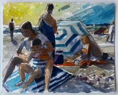 Family on Beach with Striped Windbreak Summer Scene Watercolour by Pierre Neveu