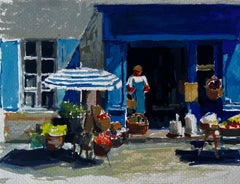 Devanture bleue avec paniers de marché Scène de rue estivale Aquarelle