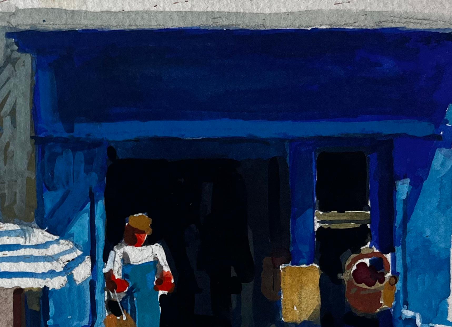 Devanture bleue avec paniers de marché Scène de rue estivale Aquarelle - Post-impressionnisme Painting par Pierre Neveu