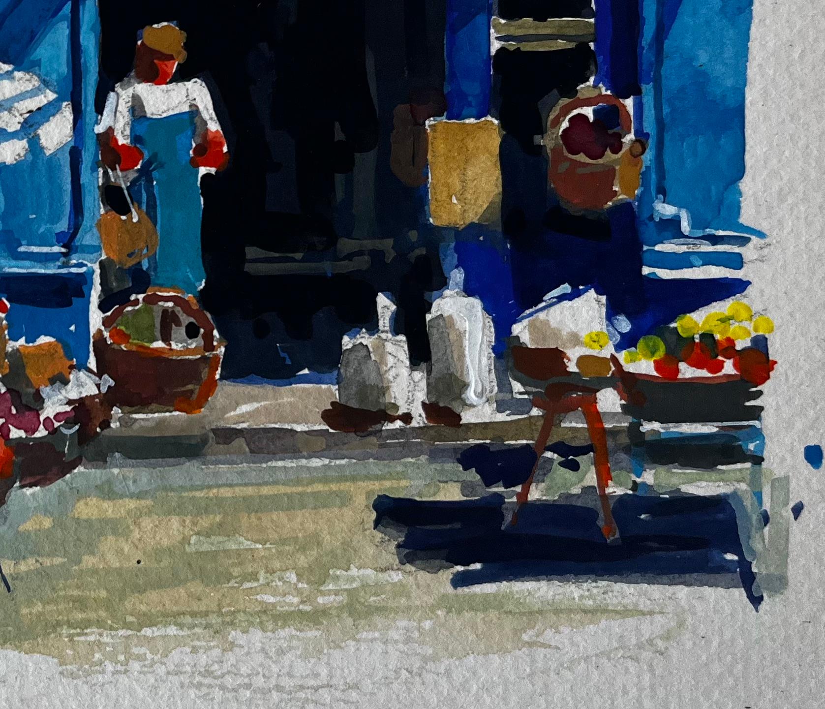 Devanture bleue avec paniers de marché Scène de rue estivale Aquarelle - Noir Landscape Painting par Pierre Neveu