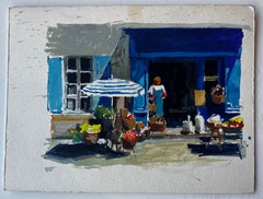 Blue Shopfront with Market Baskets Summer Street Scene Watercolour