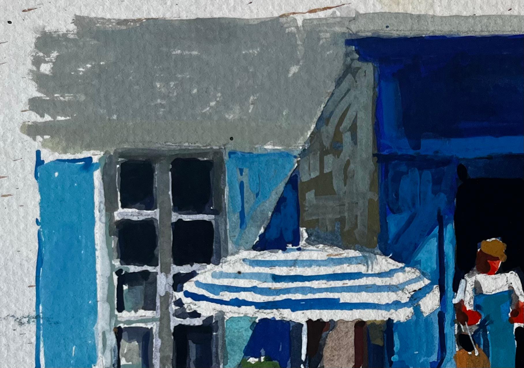 Devanture bleue avec paniers de marché Scène de rue estivale Aquarelle en vente 1