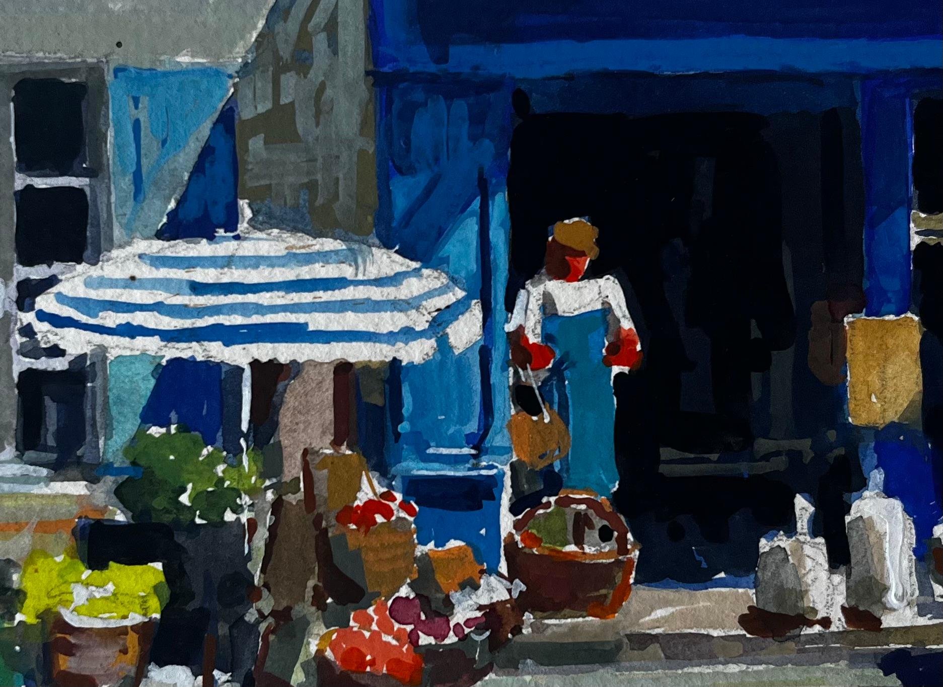 Devanture bleue avec paniers de marché Scène de rue estivale Aquarelle en vente 2