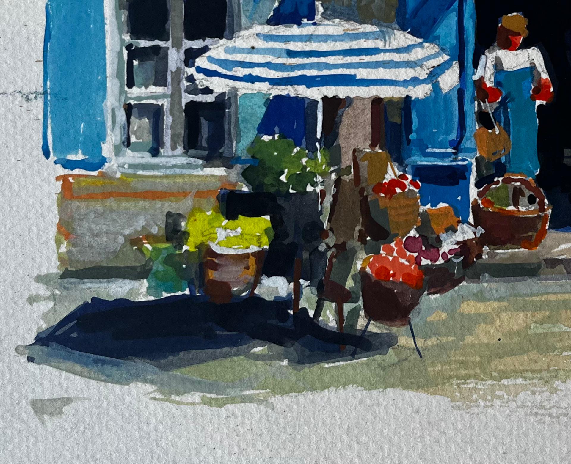 Titre : Devanture bleue avec paniers de marché Scène de rue estivale Aquarelle
Artistics : Pierre Neveu (français né en 1929)
Médium : Aquarelle et gouache sur papier d'artiste, non encadré
Taille (H x L) : 6.75 x 9.25 pouces
Condit : Bon dans