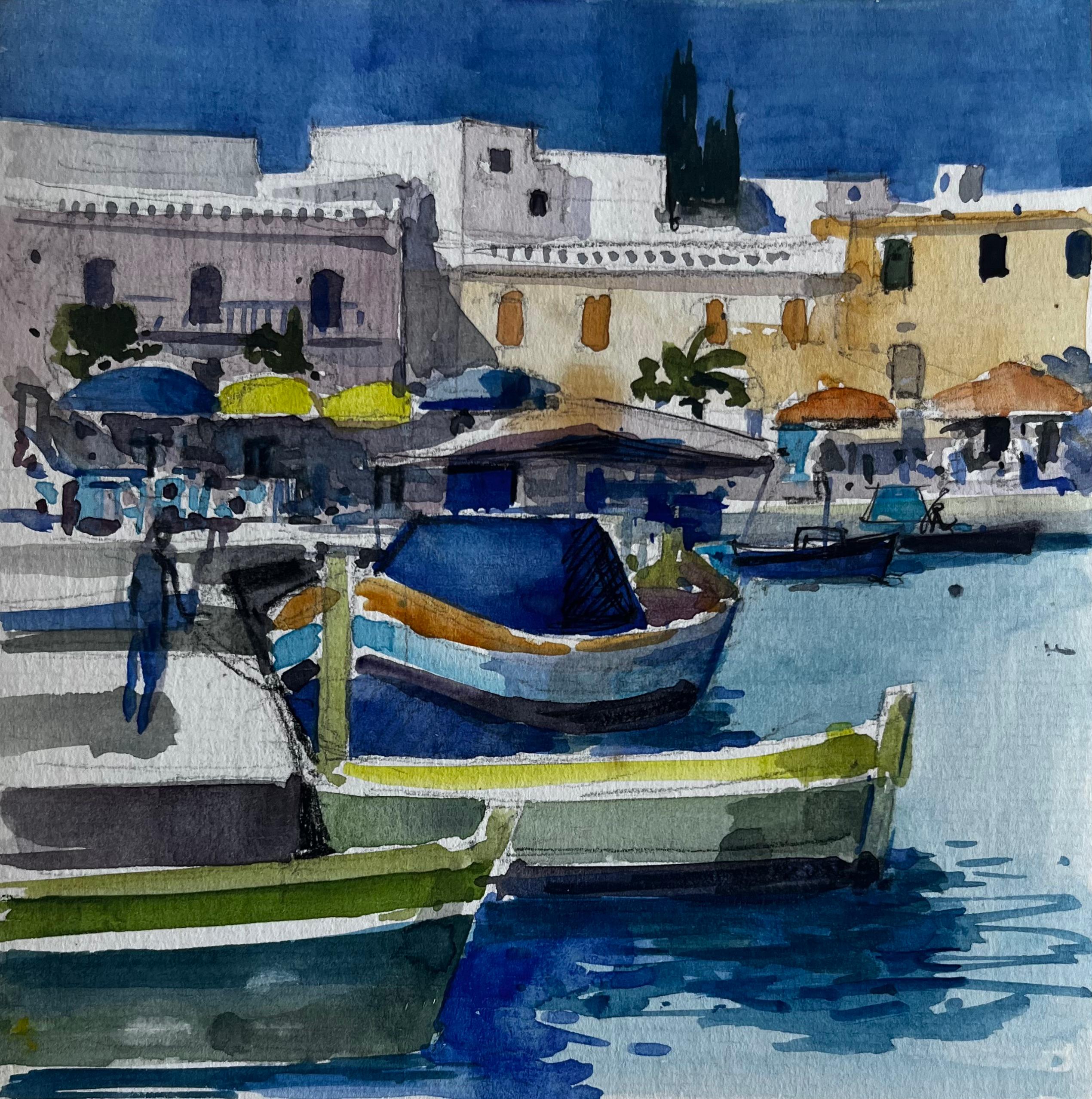 Barche da pesca del Mediterraneo Scena di porto costiero Acquerello di Pierre Neveu