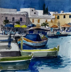 Barcos de pesca mediterráneos Escena de puerto costero Acuarela de Pierre Neveu