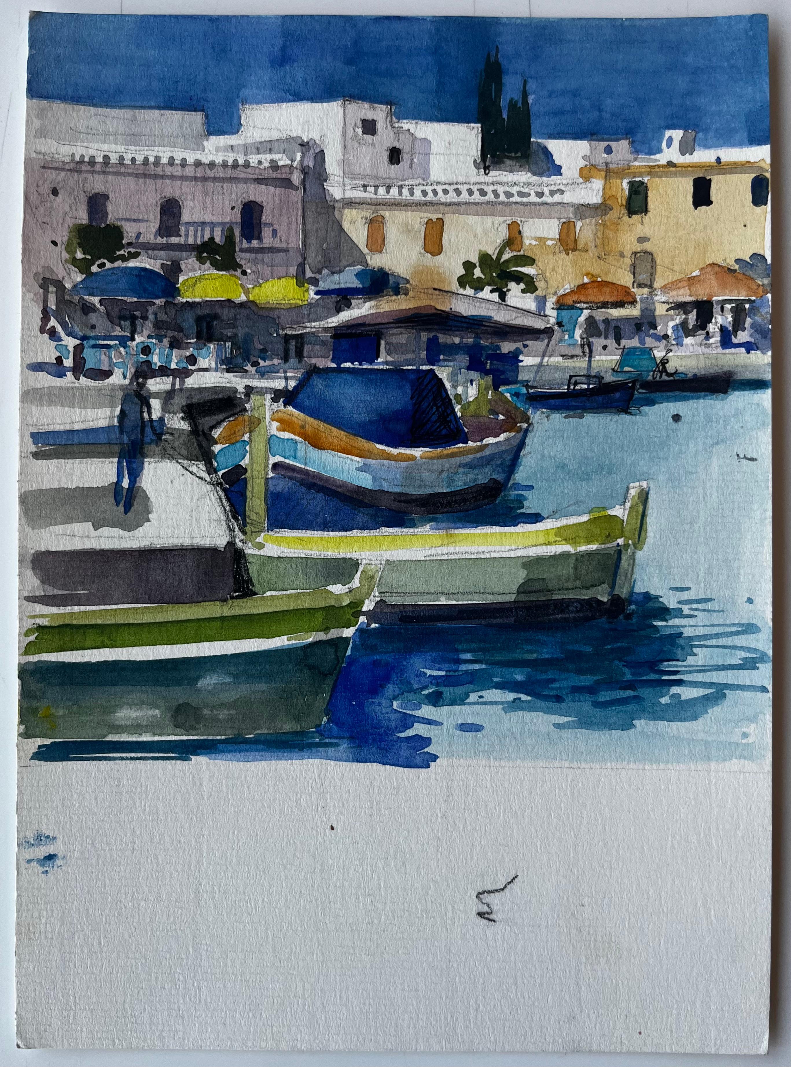 Mittelmeer-Fischerboote Küsten-Hafen-Szene Aquarell von Pierre Neveu im Angebot 1