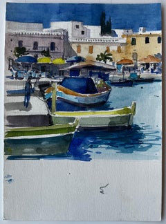 Bateaux de pêche méditerranéens Scène portuaire côtière Aquarelle de Pierre Neveu