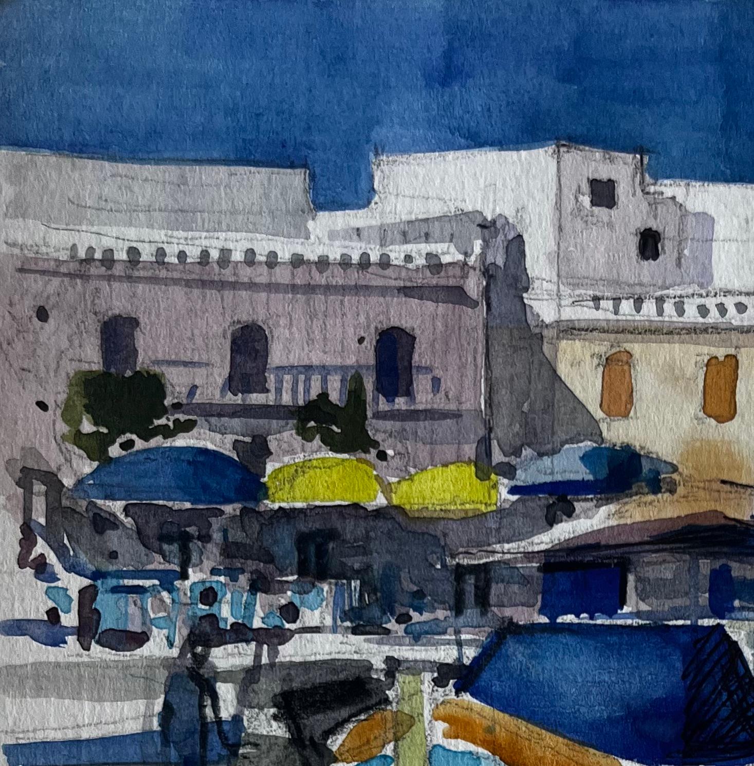 Mittelmeer-Fischerboote Küsten-Hafen-Szene Aquarell von Pierre Neveu im Angebot 2