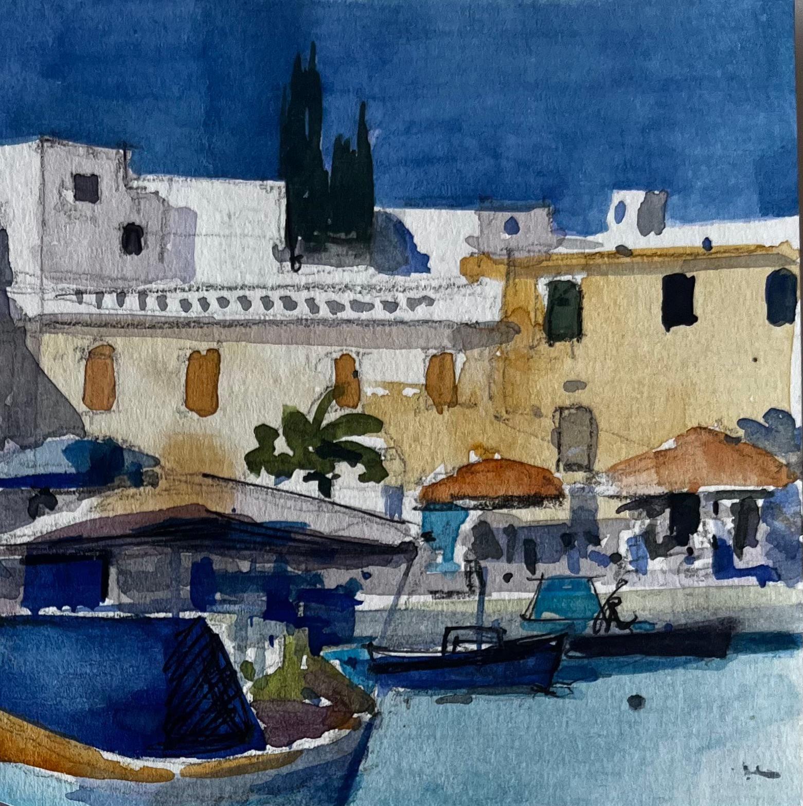 Mittelmeer-Fischerboote Küsten-Hafen-Szene Aquarell von Pierre Neveu im Angebot 3