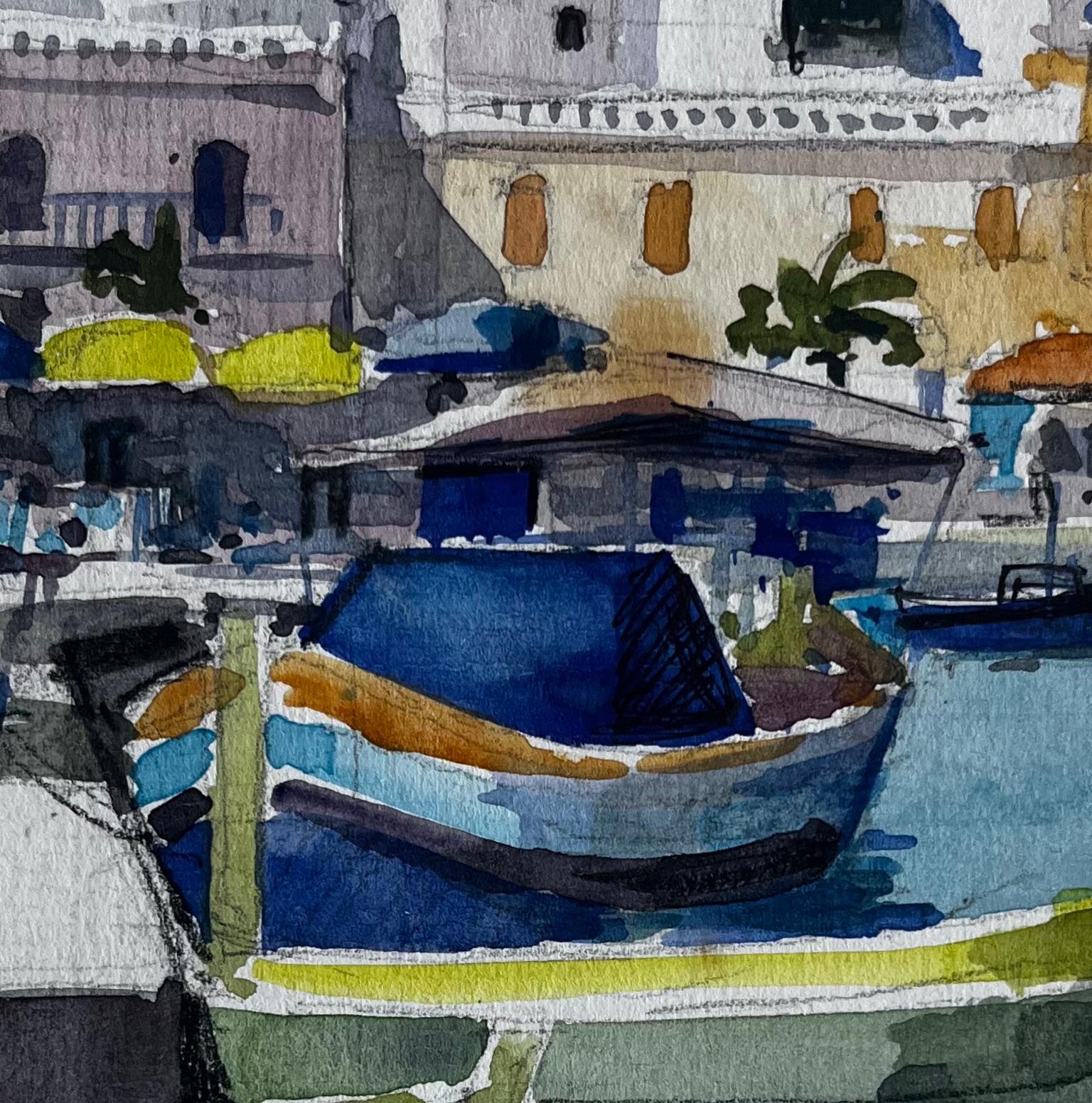 Mittelmeer-Fischerboote Küsten-Hafen-Szene Aquarell von Pierre Neveu im Angebot 6