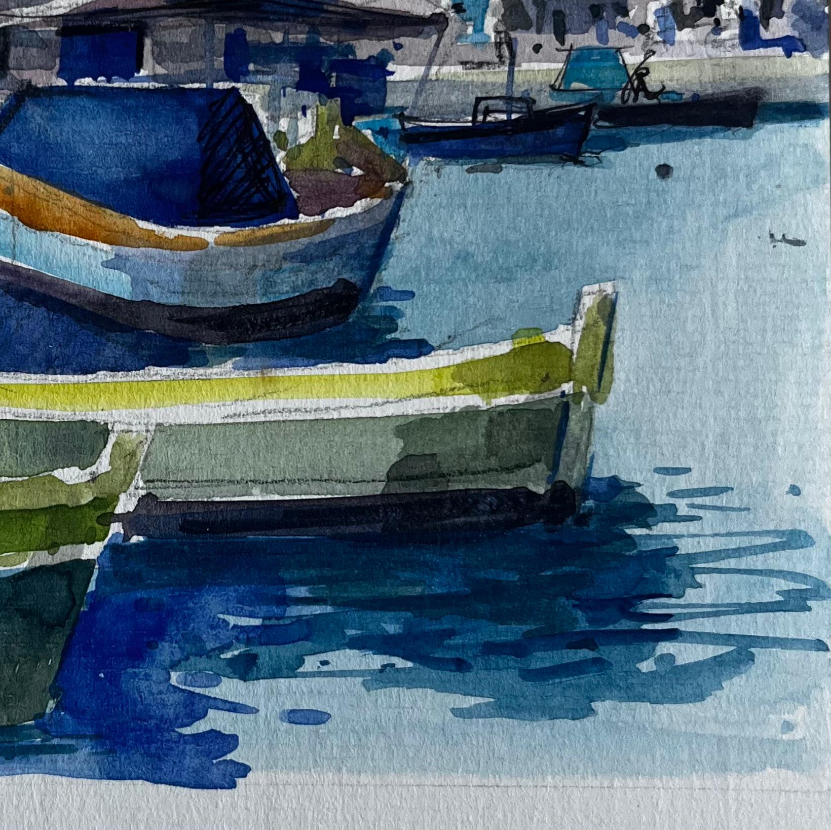 Mittelmeer-Fischerboote Küsten-Hafen-Szene Aquarell von Pierre Neveu im Angebot 4