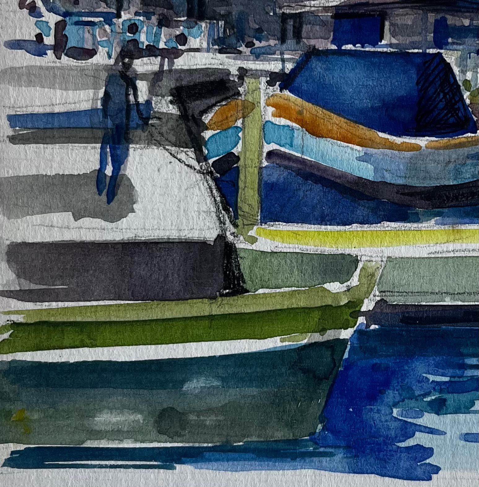 Mittelmeer-Fischerboote Küsten-Hafen-Szene Aquarell von Pierre Neveu im Angebot 5