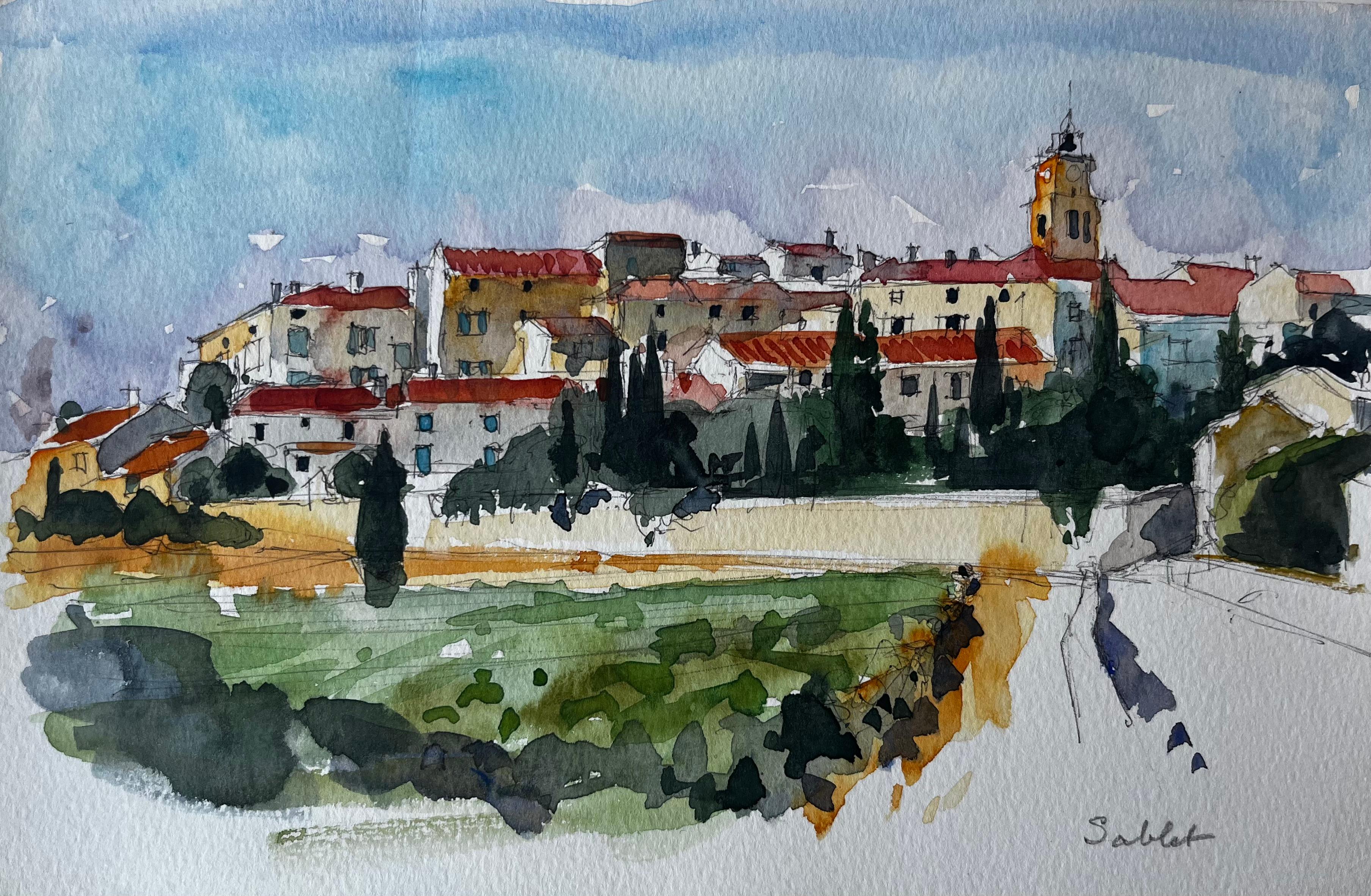 Paesaggio di un villaggio provenzale Vista della collina di Sablet Acquerello di Pierre Neveu