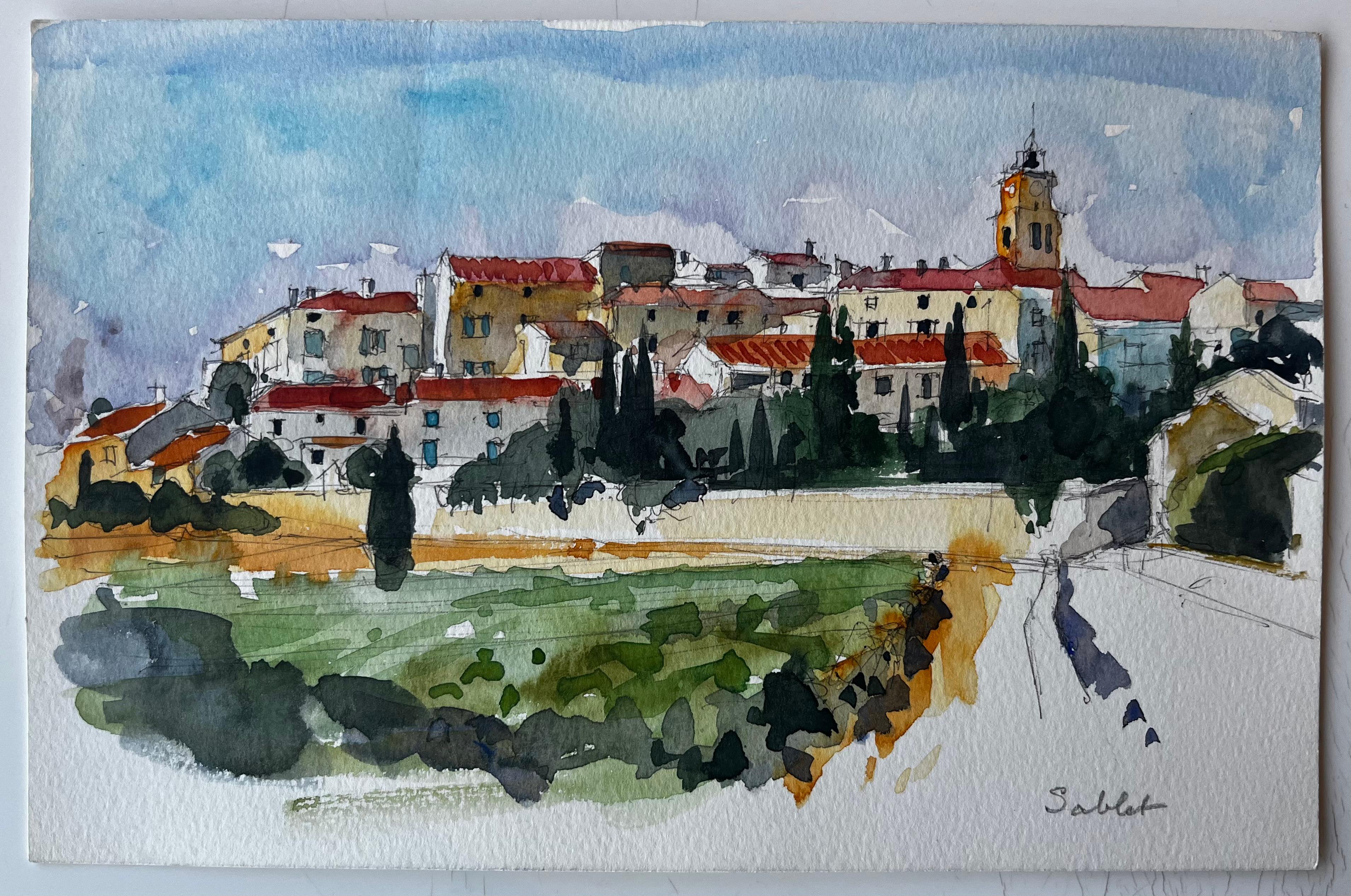 Paysage de village provençal Vue de la colline de Sablet Aquarelle de Pierre Neveu en vente 1