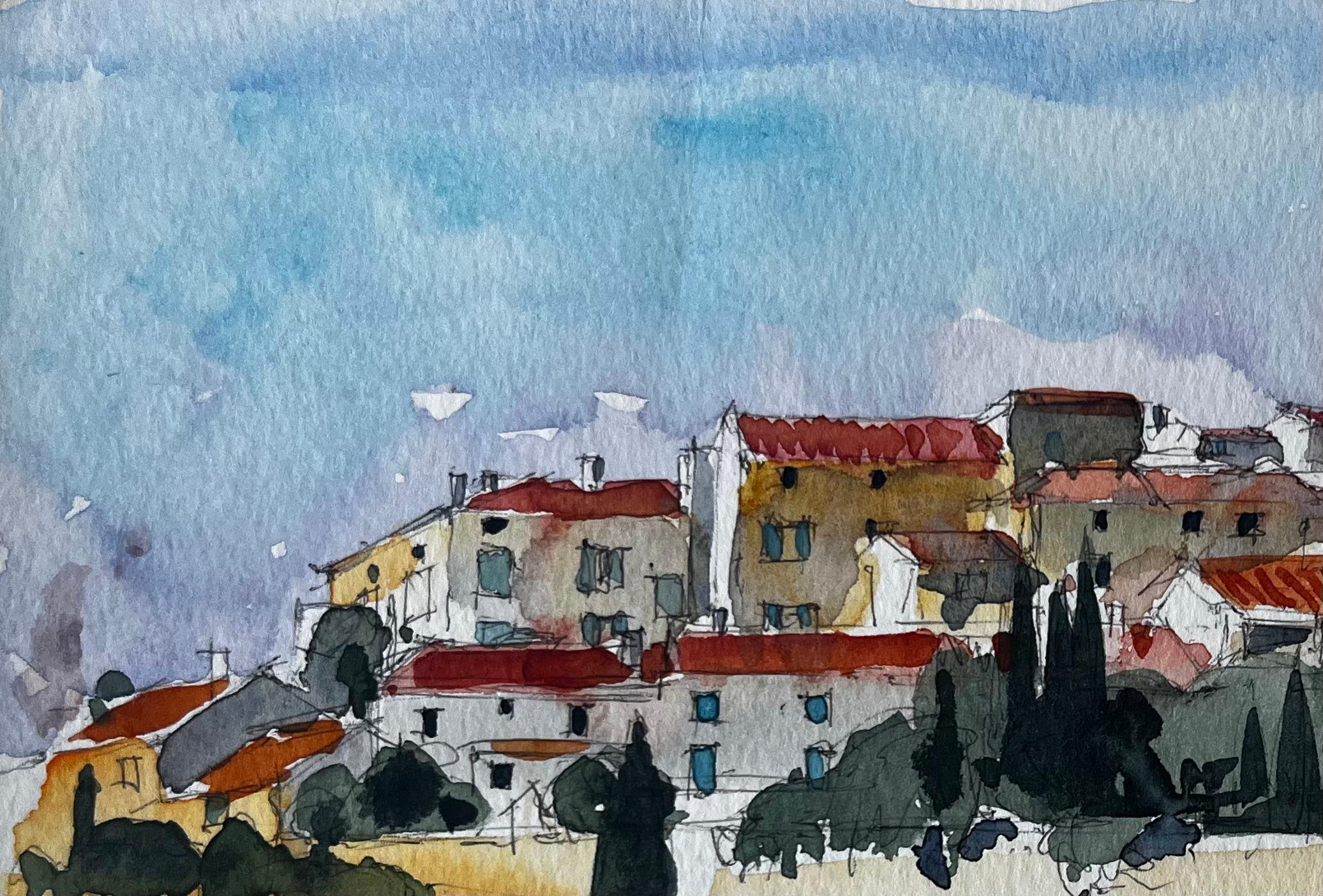 Paysage de village provençal Vue de la colline de Sablet Aquarelle de Pierre Neveu en vente 2