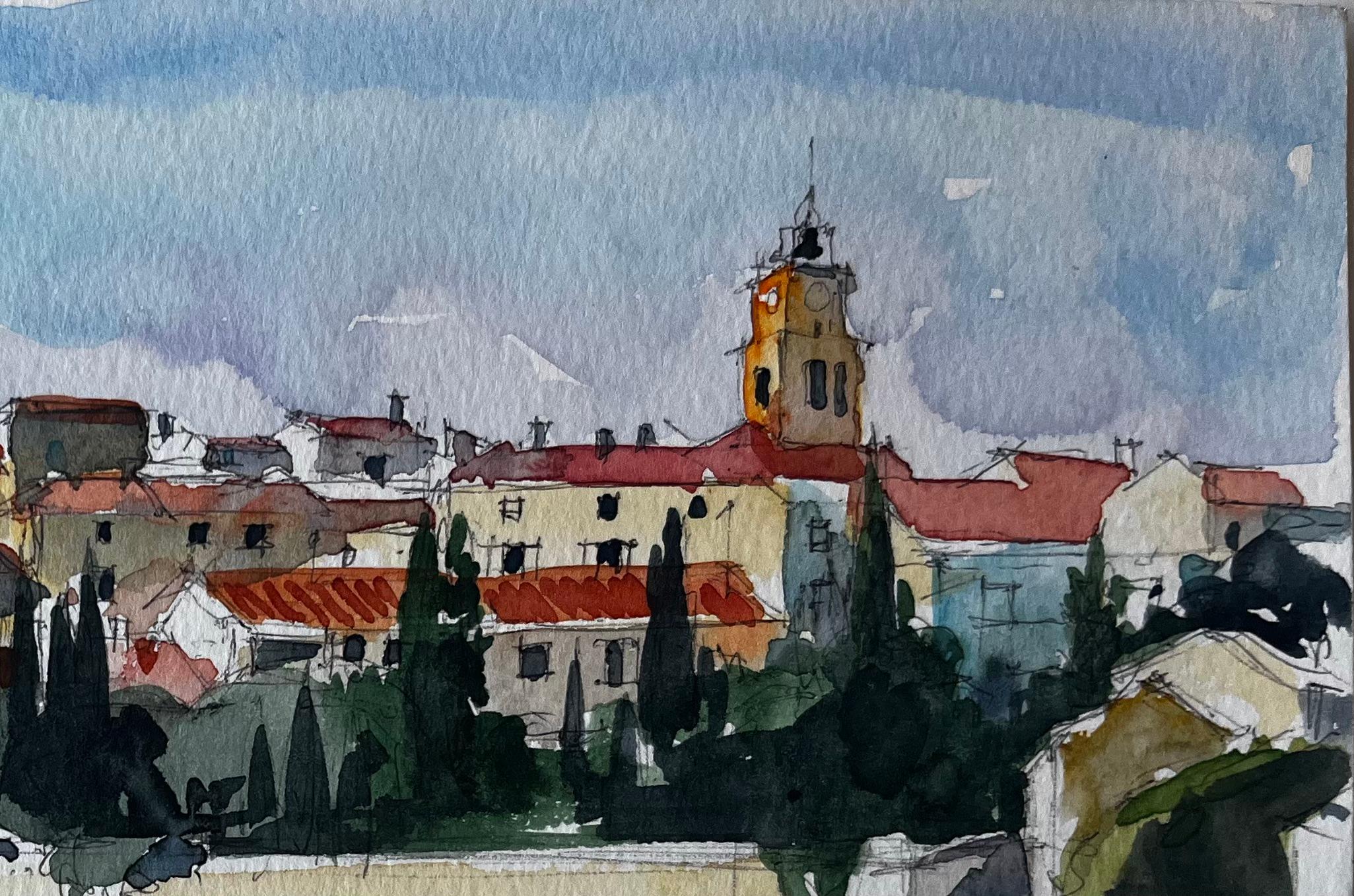 Paysage de village provençal Vue de la colline de Sablet Aquarelle de Pierre Neveu en vente 3