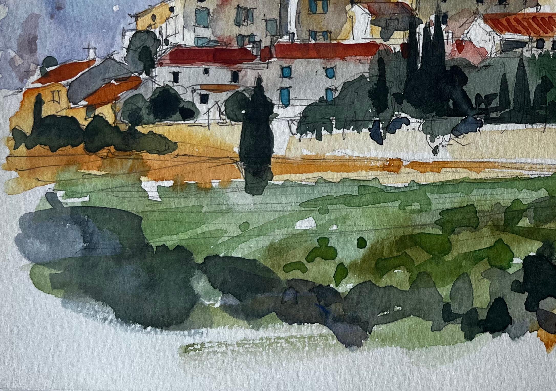 Paysage de village provençal Vue de la colline de Sablet Aquarelle de Pierre Neveu en vente 5