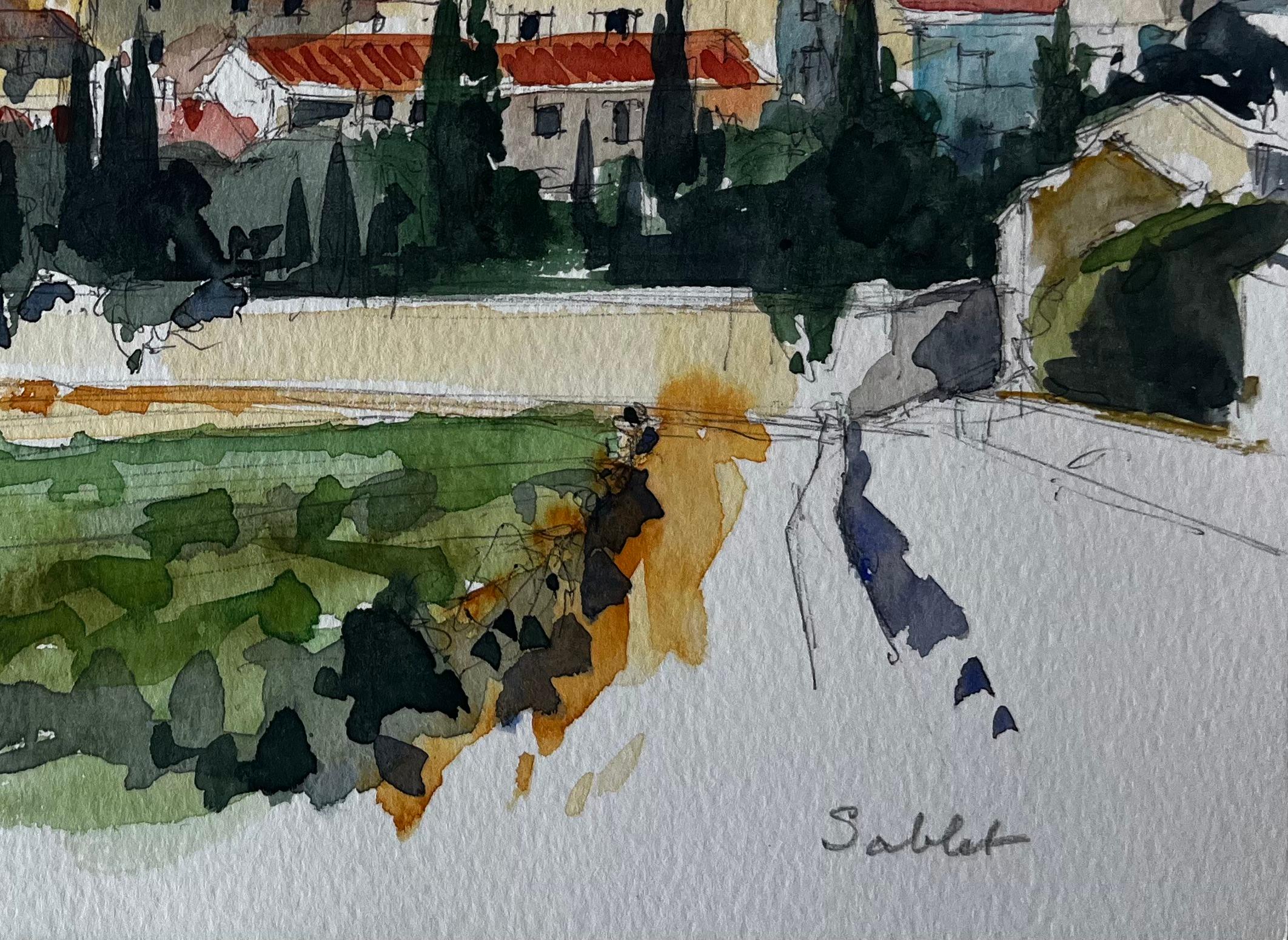 Paysage de village provençal Vue de la colline de Sablet Aquarelle de Pierre Neveu en vente 4