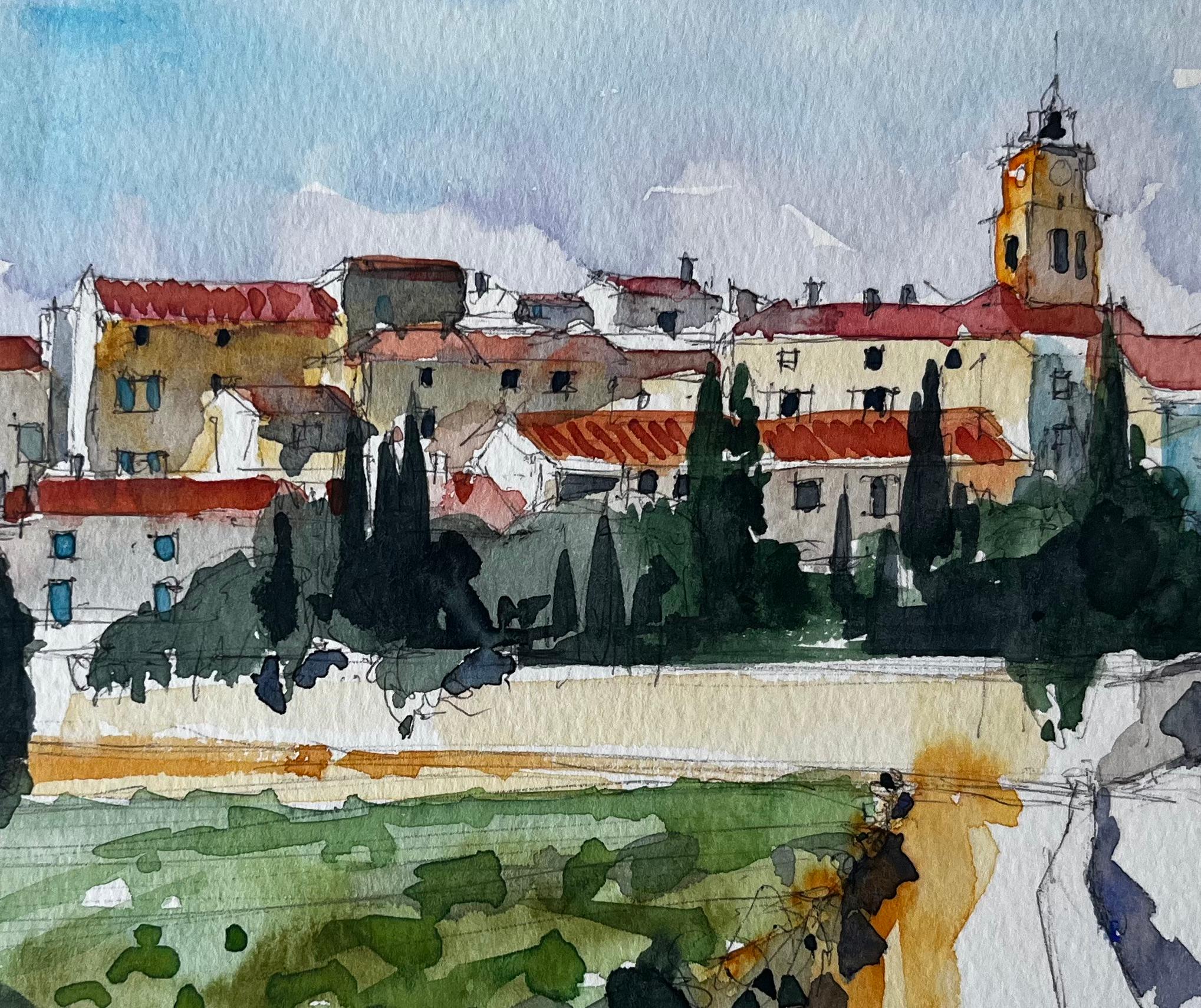 Paysage de village provençal Vue de la colline de Sablet Aquarelle de Pierre Neveu en vente 6