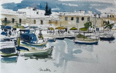 Barcos del puerto de Malta Escena frente al mar Boceto en acuarela de Pierre Neveu