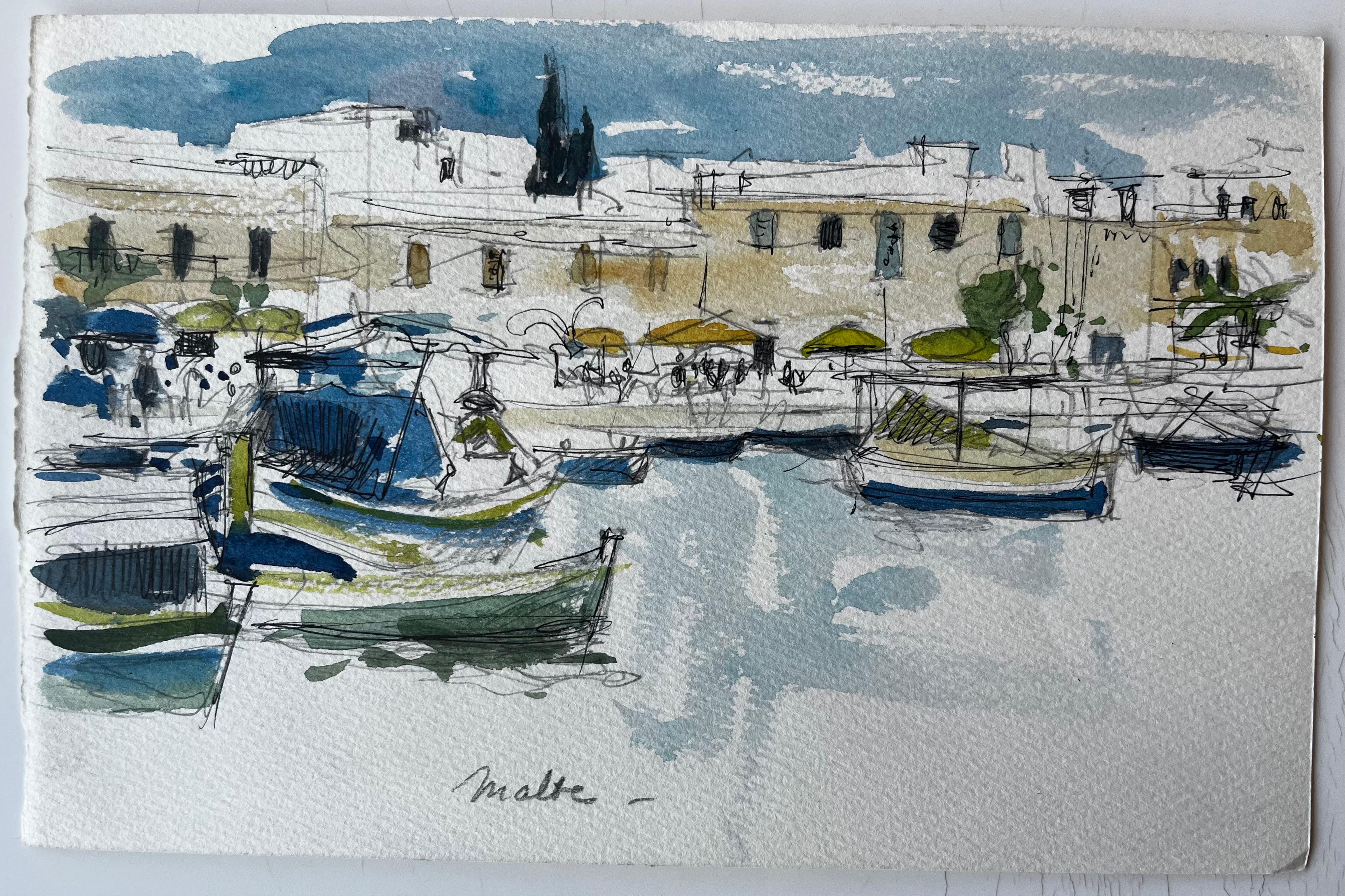 Malta Porto Barche Scena sul lungomare Schizzo ad acquerello di Pierre Neveu in vendita 1