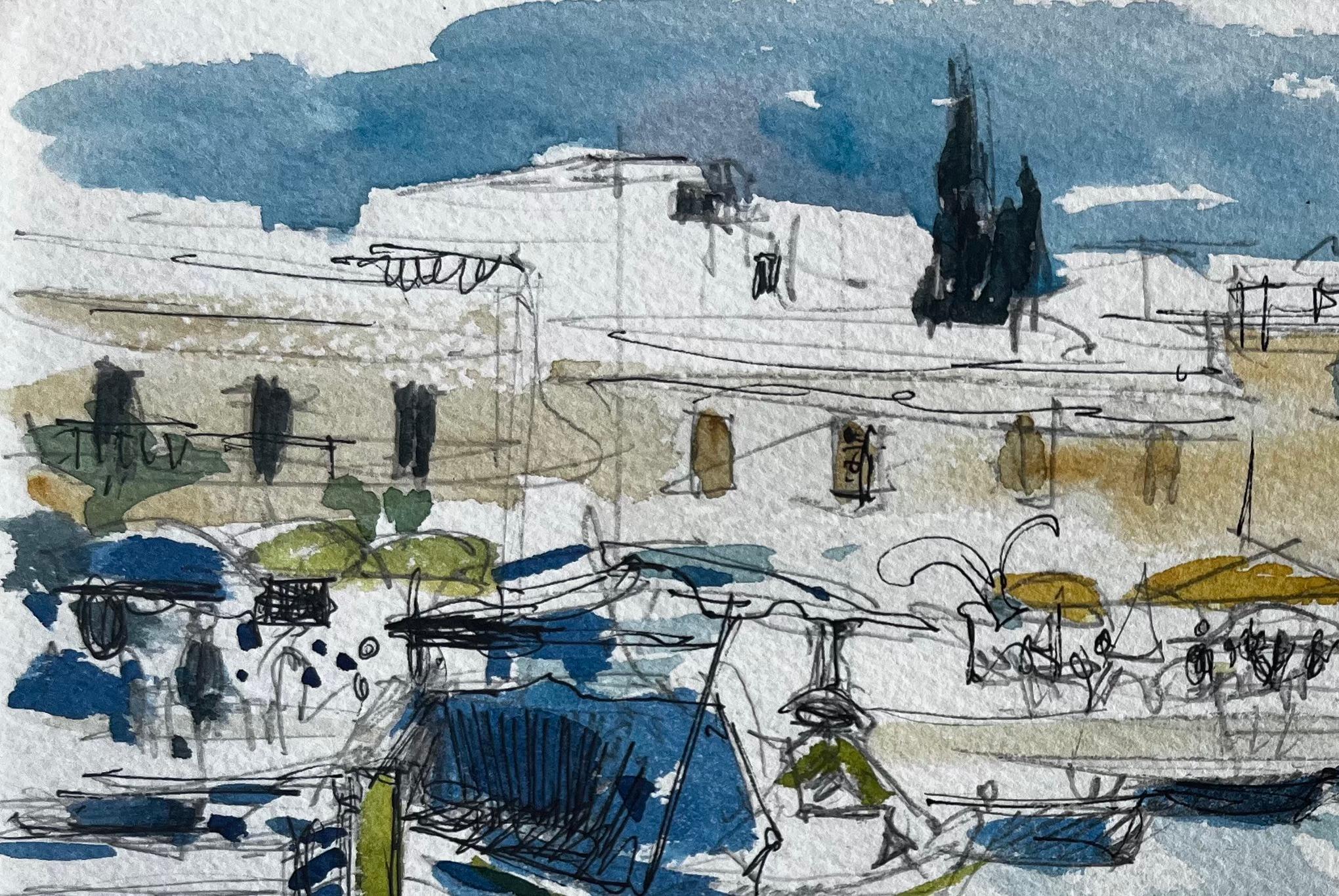 Malta Porto Barche Scena sul lungomare Schizzo ad acquerello di Pierre Neveu in vendita 2