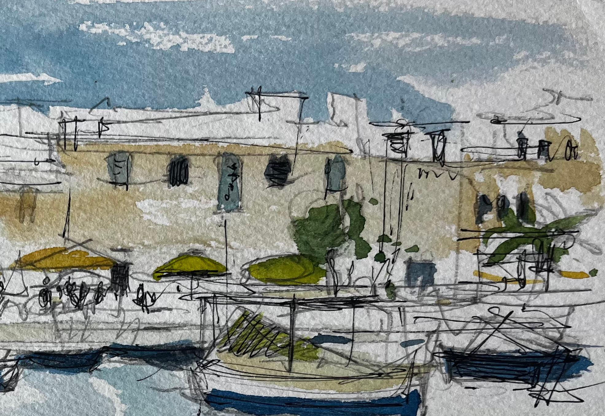 Malta Porto Barche Scena sul lungomare Schizzo ad acquerello di Pierre Neveu in vendita 3