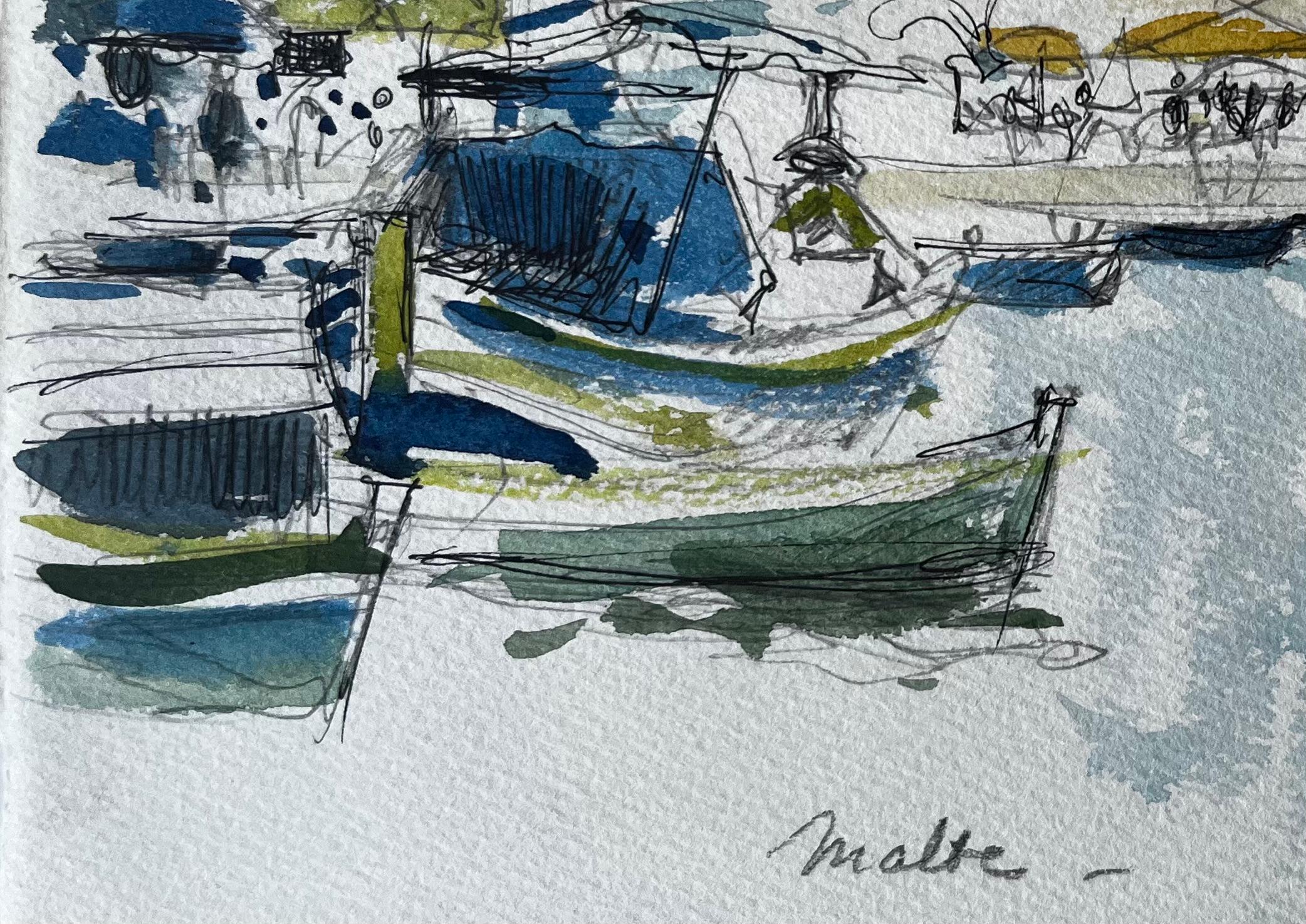 Malta Porto Barche Scena sul lungomare Schizzo ad acquerello di Pierre Neveu in vendita 5