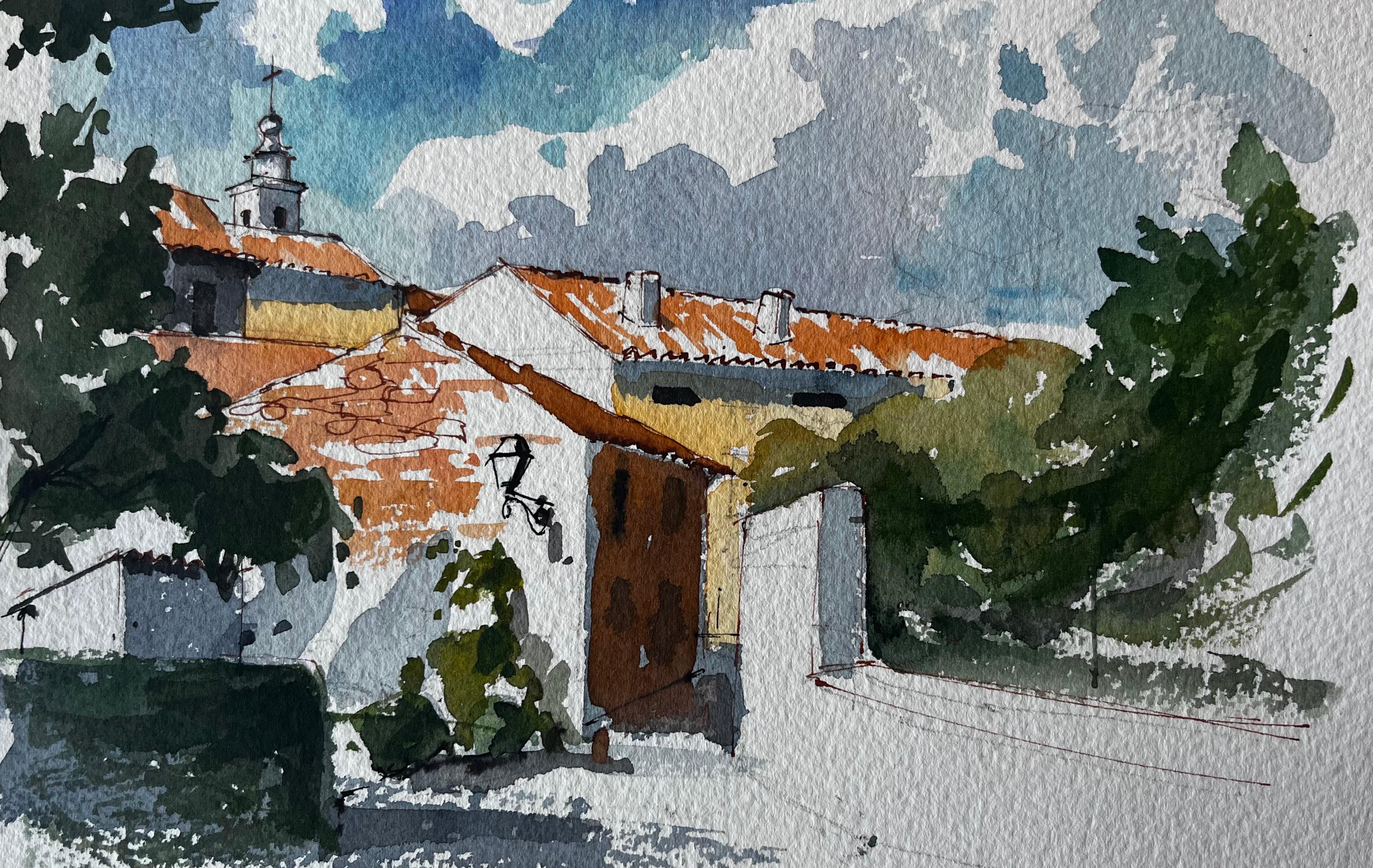Landscape Painting di Pierre Neveu - Villaggio spagnolo in cima alla collina con tetti arancioni, alberi e cortile Scena ad acquerello