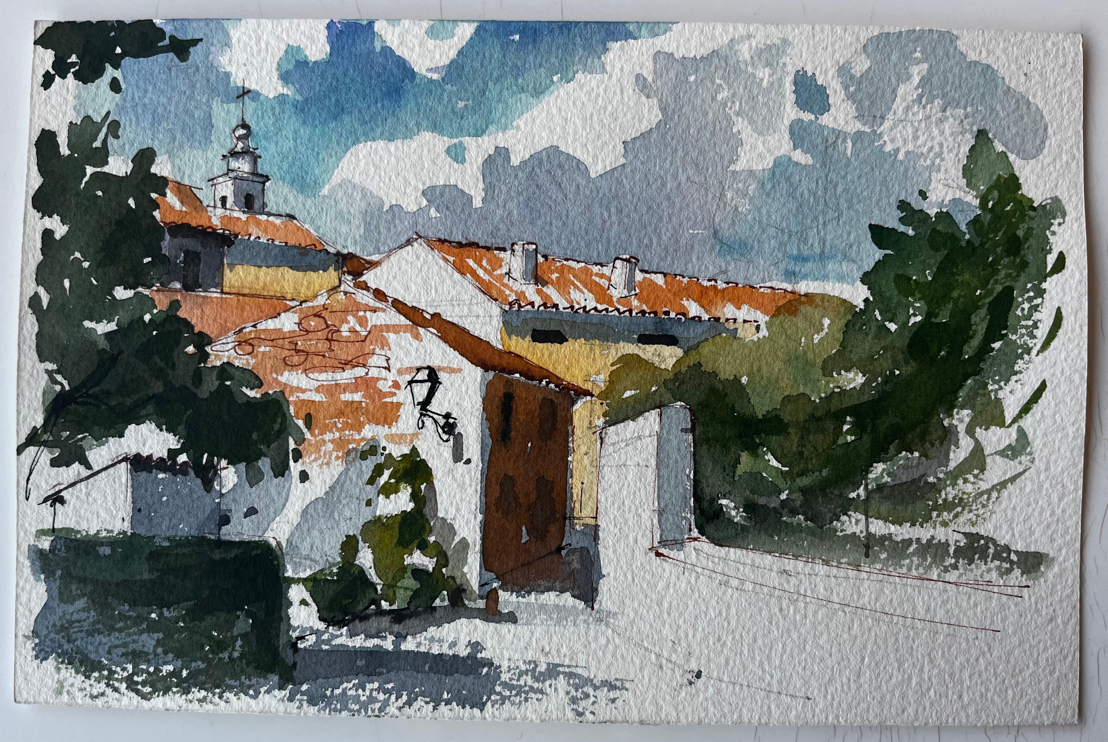 Villaggio spagnolo in cima alla collina con tetti arancioni, alberi e cortile Scena ad acquerello - Painting di Pierre Neveu