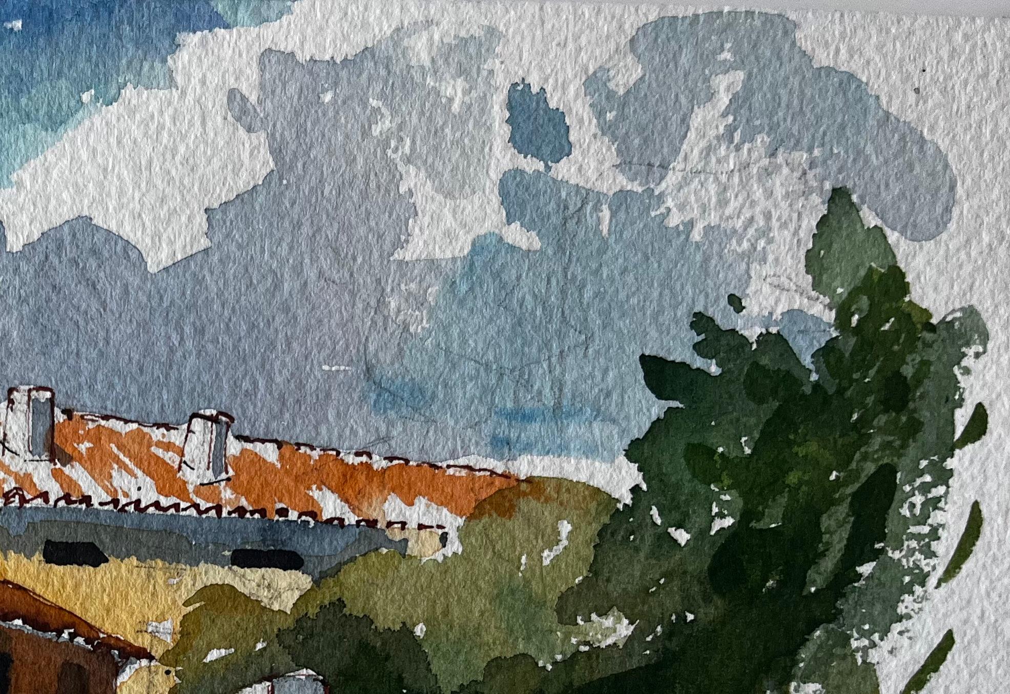 Villaggio spagnolo in cima alla collina con tetti arancioni, alberi e cortile Scena ad acquerello - Landscape Painting Grigio di Pierre Neveu