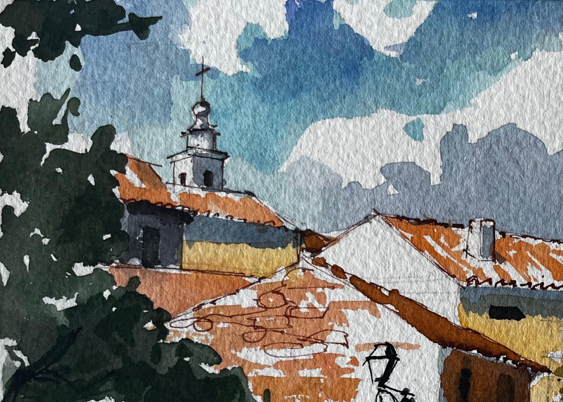 Villaggio spagnolo in cima alla collina con tetti arancioni, alberi e cortile Scena ad acquerello - Painting Postimpressionismo di Pierre Neveu