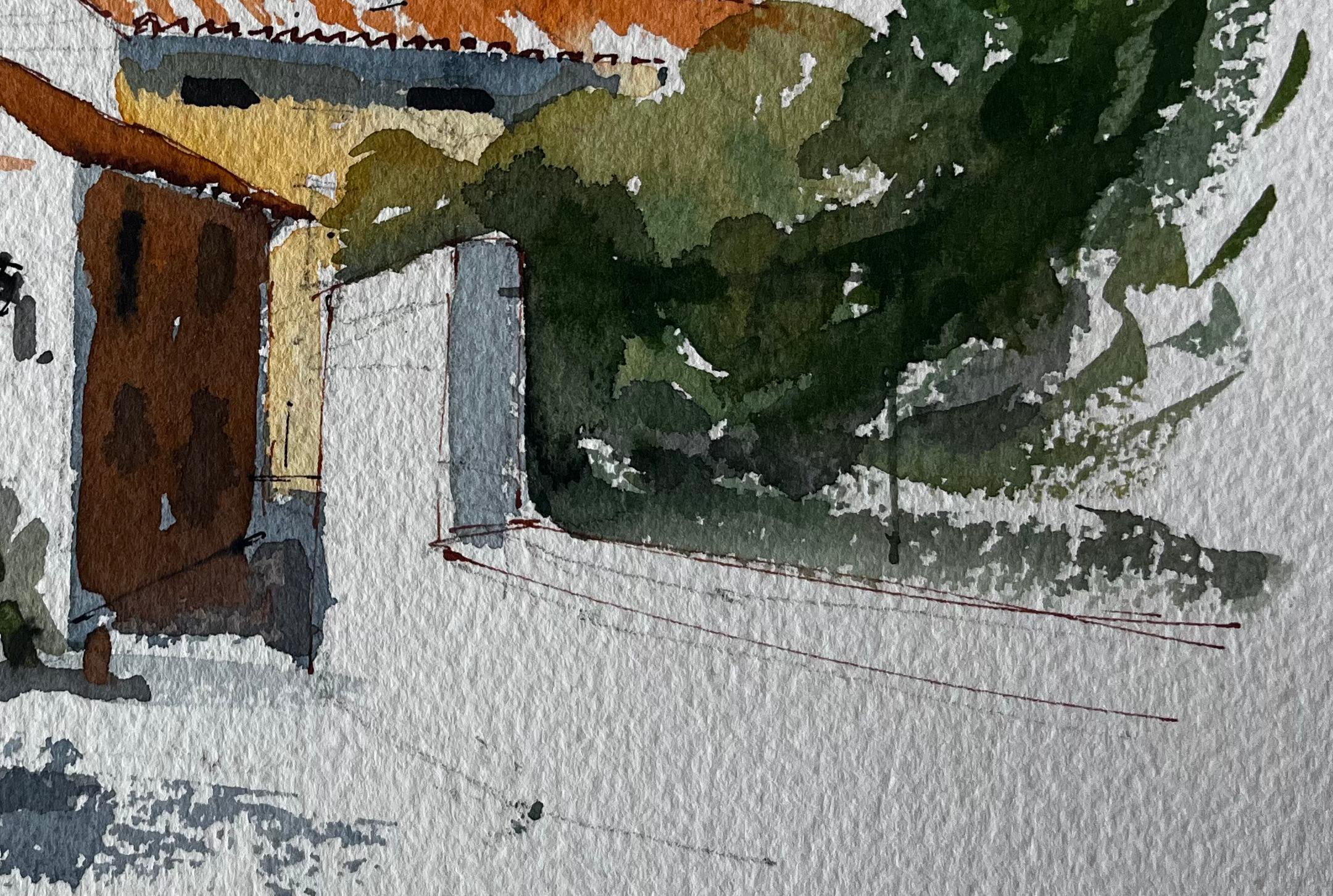 Titolo: Villaggio spagnolo in cima alla collina con tetti arancioni, alberi e cortile Scena acquerellata
Artista: Pierre Neveu (francese, nato nel 1929)
Medium: Acquerello su carta d'artista, senza cornice
Dimensioni (H. x L): 6,5 x 9,75