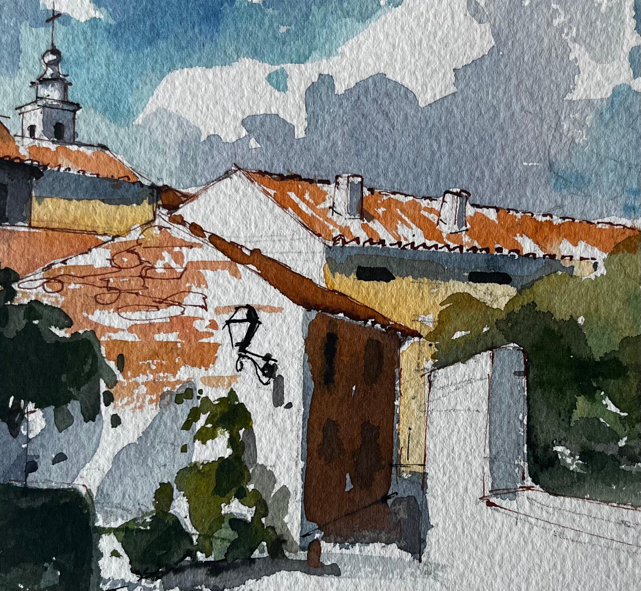 Villaggio spagnolo in cima alla collina con tetti arancioni, alberi e cortile Scena ad acquerello in vendita 2