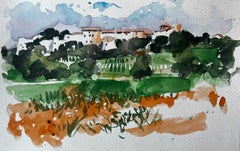 Pueblo mediterráneo en las colinas Olivares y campos Estudio en acuarela