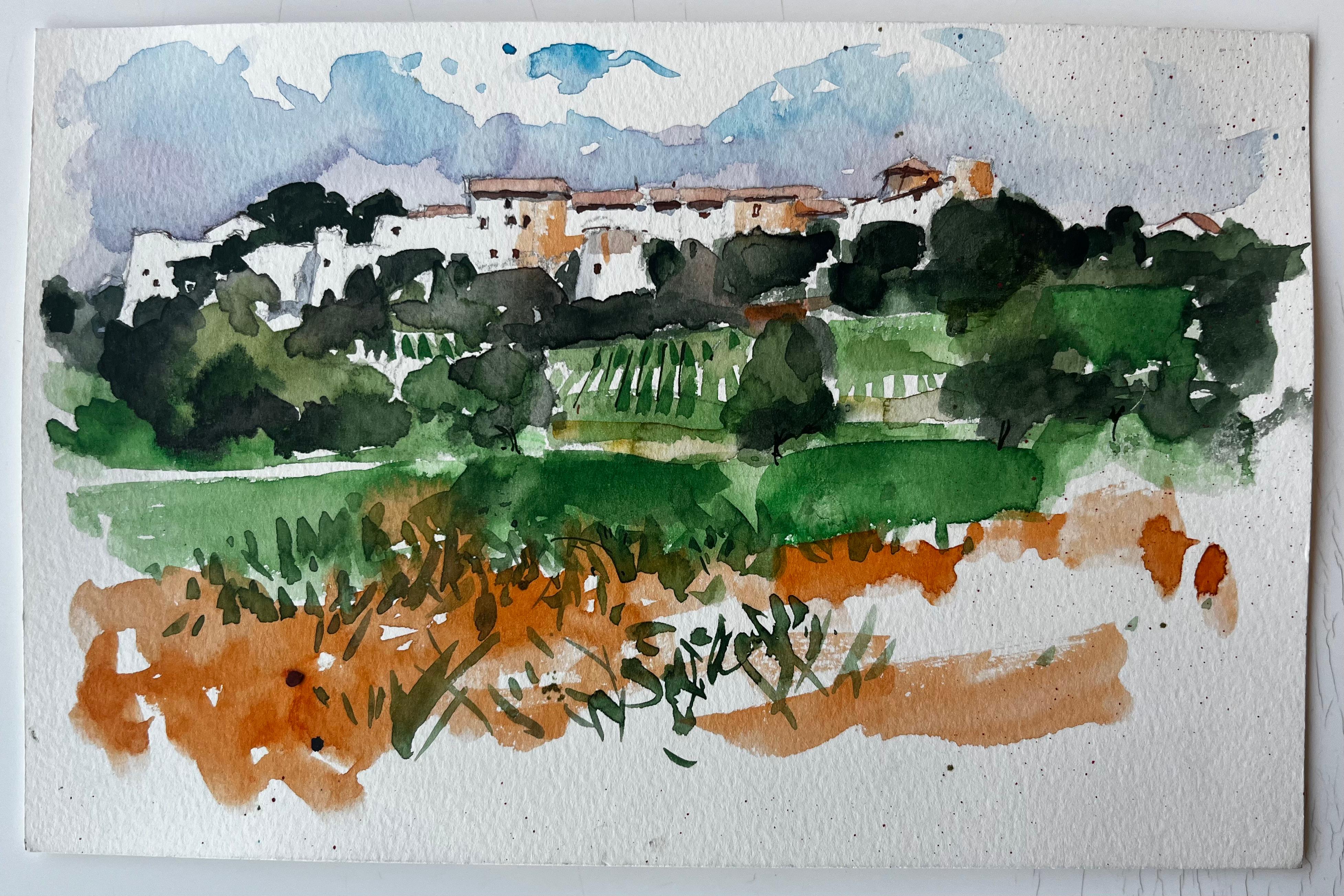 Village méditerranéen au sommet d'une colline, oliveraies et champs Étude à l'aquarelle - Painting de Pierre Neveu