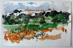 Mediterranean Hilltop Village Olive Groves and Fields Watercolour Study