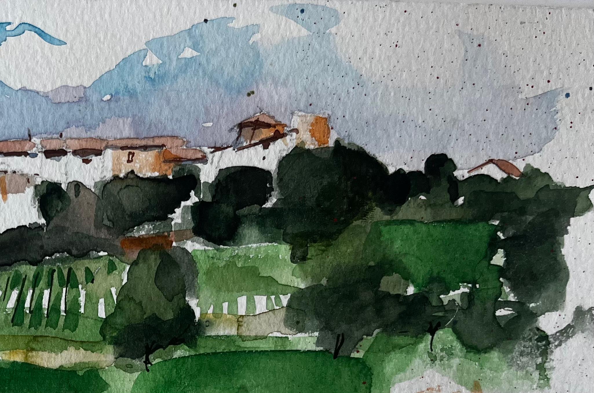 Village méditerranéen au sommet d'une colline, oliveraies et champs Étude à l'aquarelle - Gris Landscape Painting par Pierre Neveu