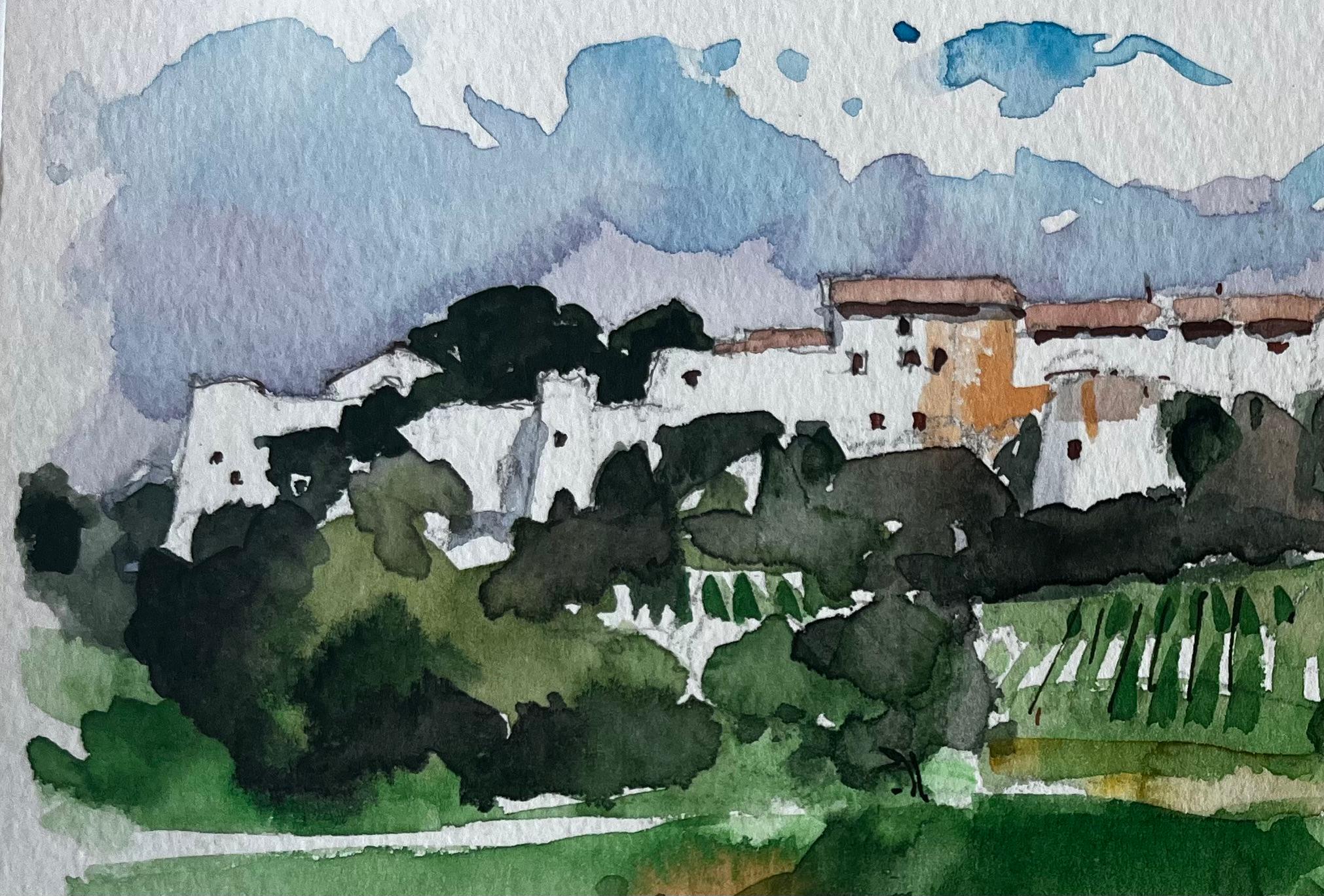 Village méditerranéen au sommet d'une colline, oliveraies et champs Étude à l'aquarelle - Post-impressionnisme Painting par Pierre Neveu