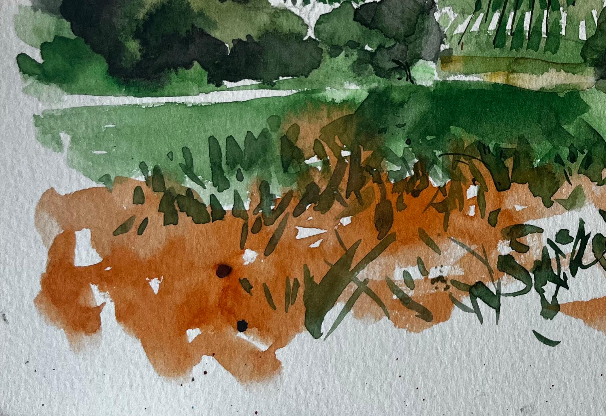 Village méditerranéen au sommet d'une colline, oliveraies et champs Étude à l'aquarelle en vente 1