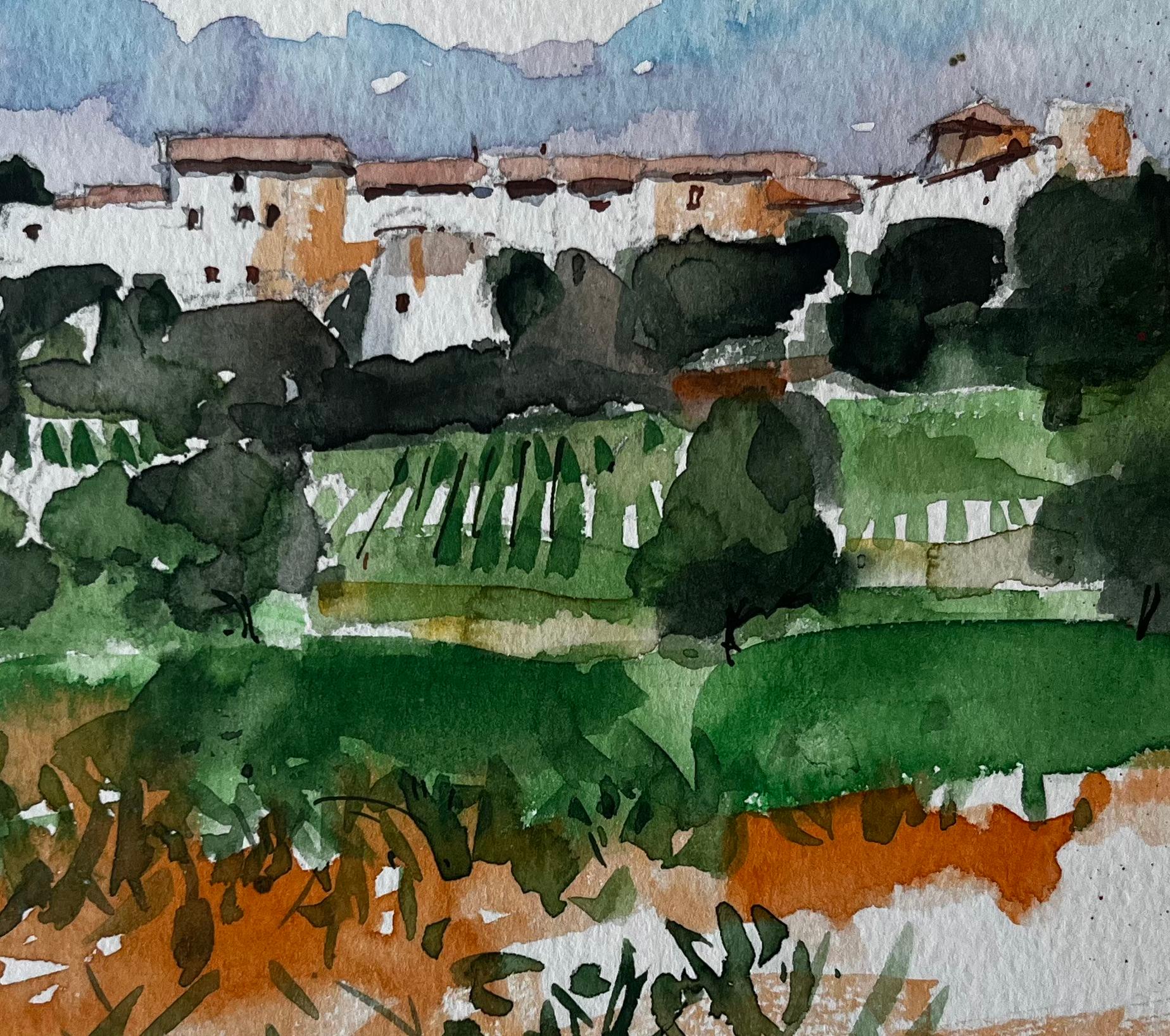 Village méditerranéen au sommet d'une colline, oliveraies et champs Étude à l'aquarelle en vente 2