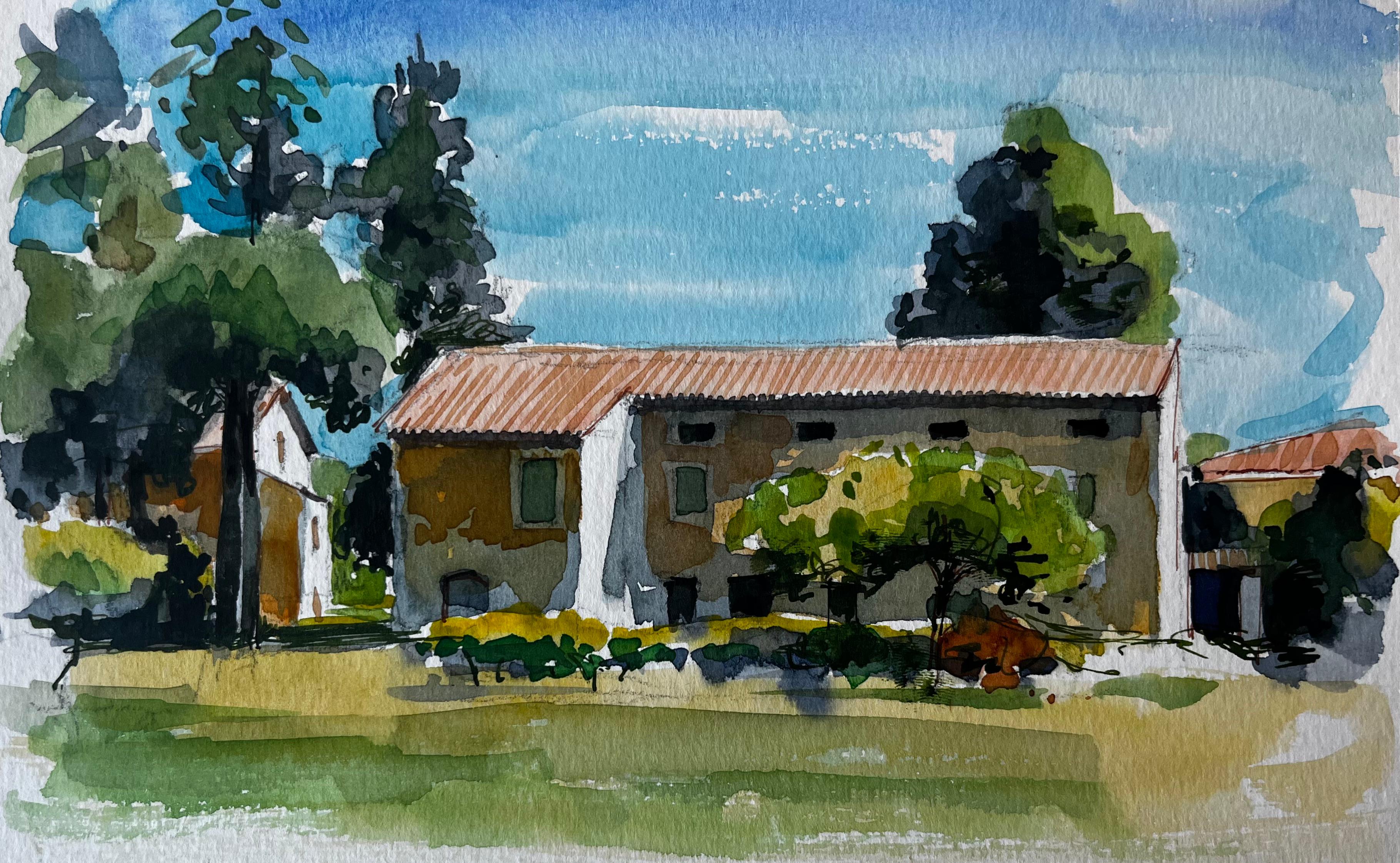 Provence Bauernhaus Terrakotta Dach Bäume und Sommer Licht Aquarell Studie