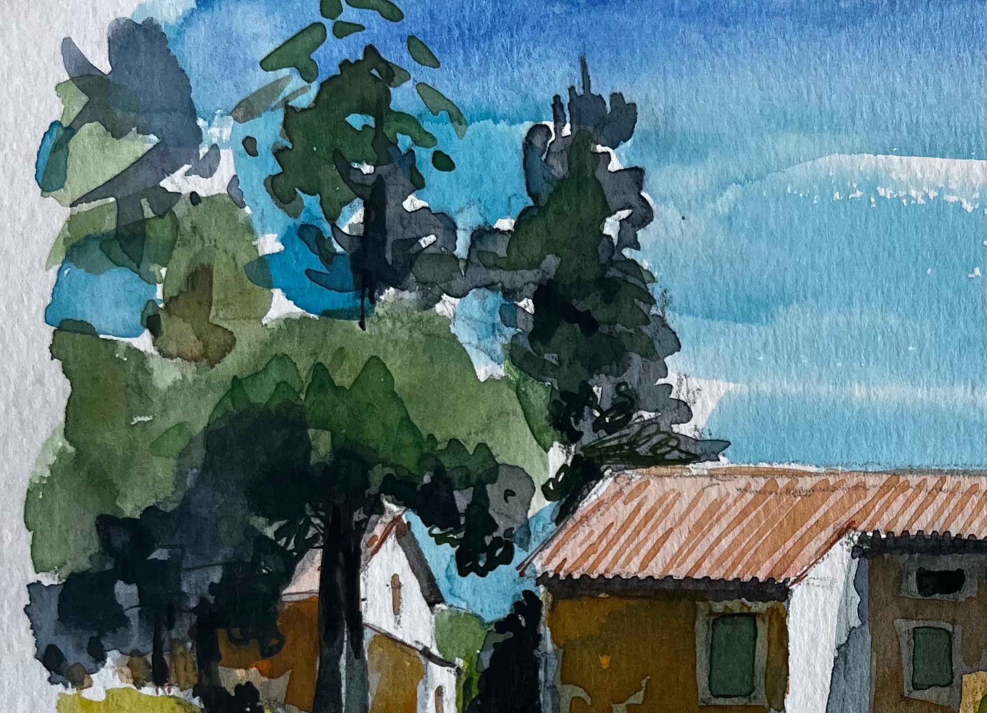 Fattoria provenzale con tetto in terracotta Alberi e luce estiva Studio ad acquerello - Painting Postimpressionismo di Pierre Neveu