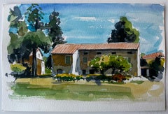 Provence Bauernhaus Terrakotta Dach Bäume und Sommer Licht Aquarell Studie