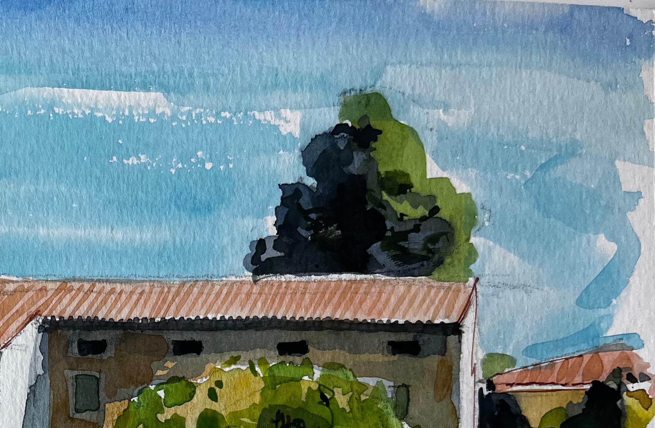 Fattoria provenzale con tetto in terracotta Alberi e luce estiva Studio ad acquerello - Landscape Painting Grigio di Pierre Neveu