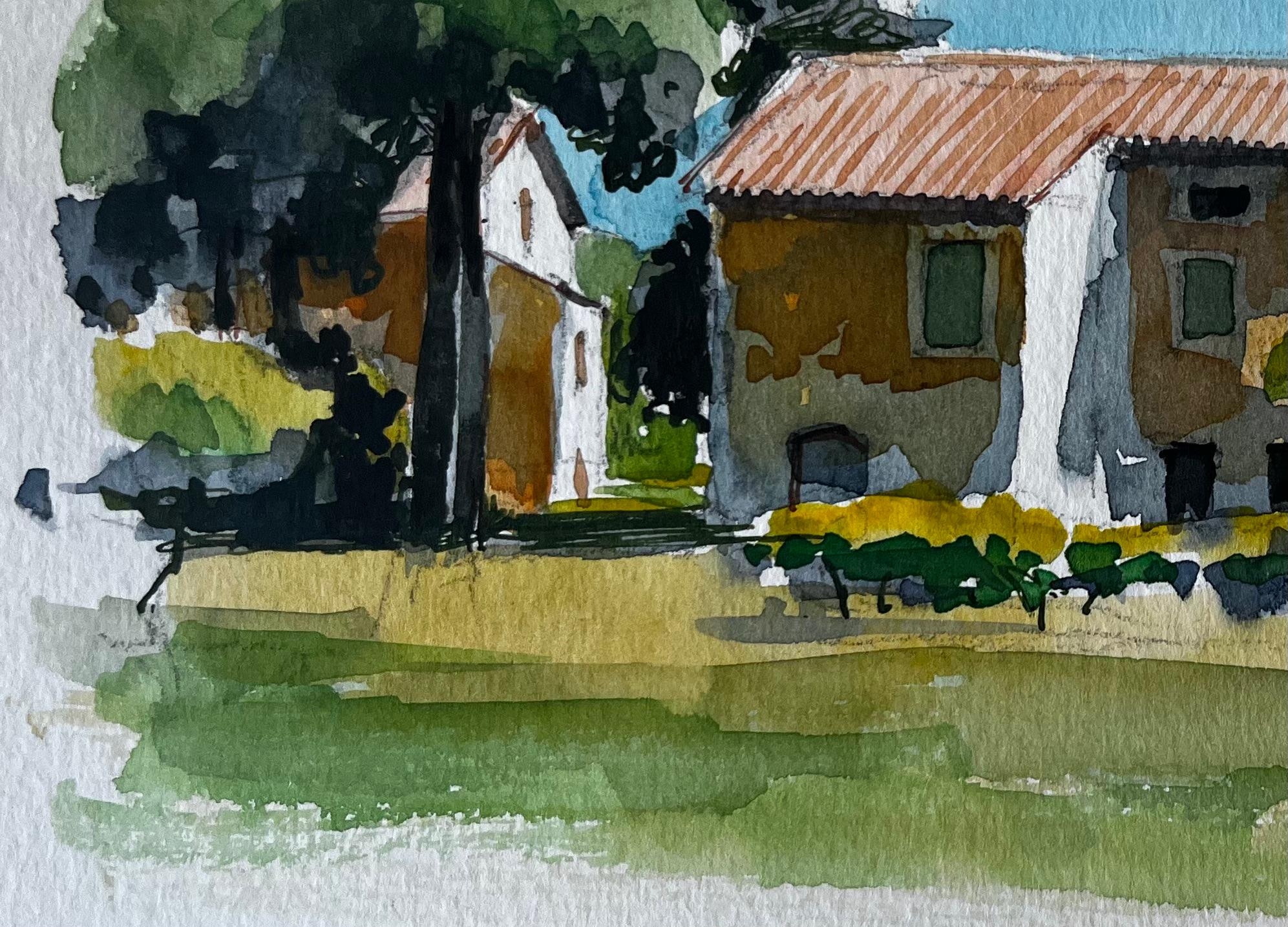 Fattoria provenzale con tetto in terracotta Alberi e luce estiva Studio ad acquerello in vendita 1