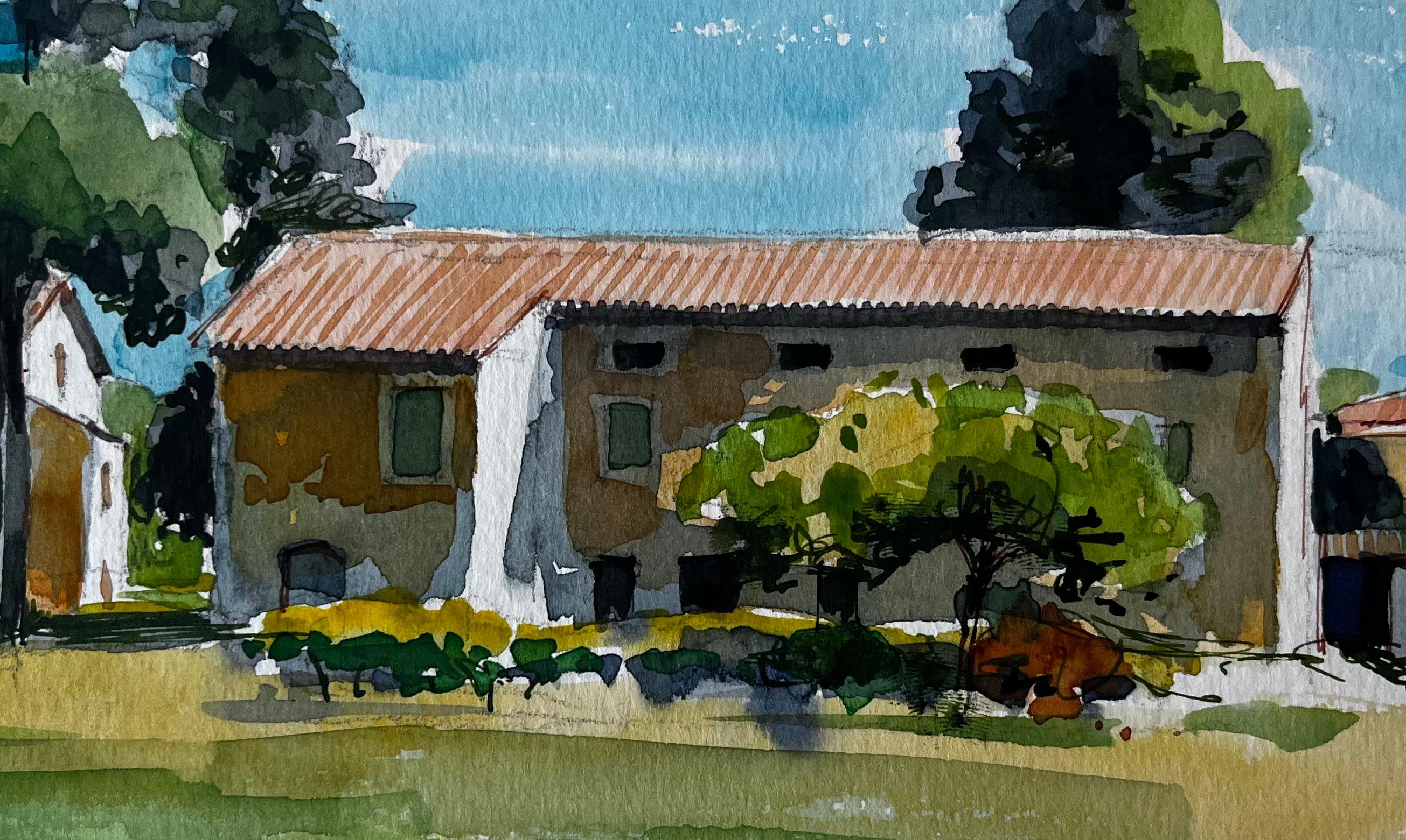 Fattoria provenzale con tetto in terracotta Alberi e luce estiva Studio ad acquerello in vendita 2
