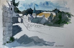 Mortemart Village Stone Walls Church Tower and Summer Sky Watercolour Study