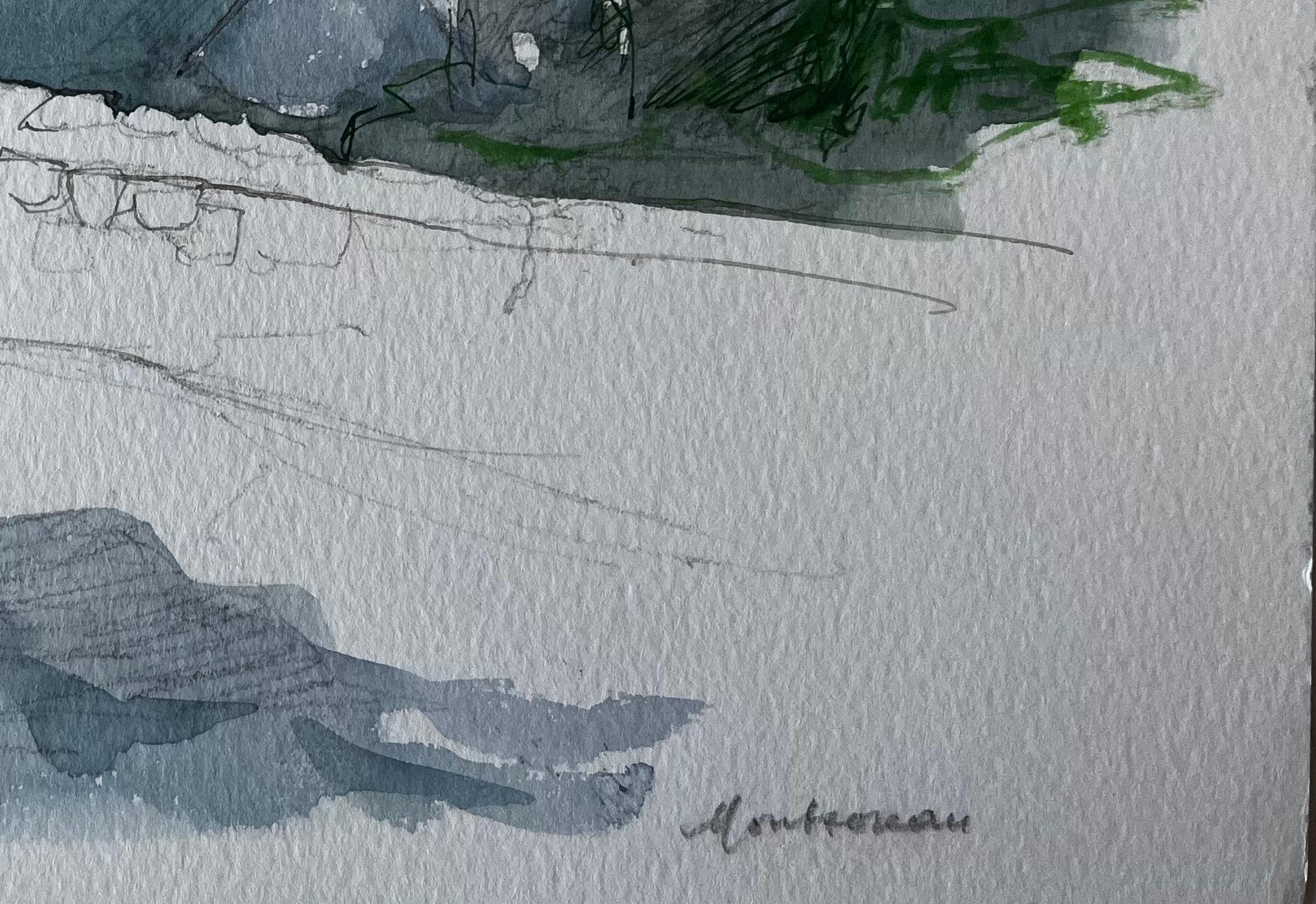 Mortemart Village Mura di pietra Torre della chiesa e cielo d'estate Studio ad acquerello in vendita 1